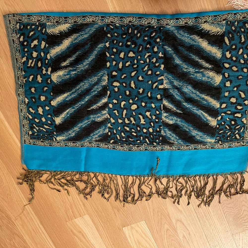 Leopard /Blue Pashmina, new without tags.large wrap or shawl with fringe